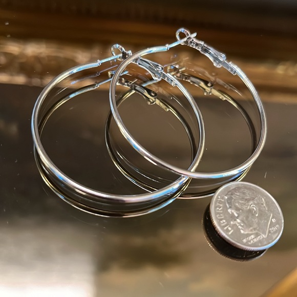 Large Thin Silver Hoop Earrings- 1.75 inch - Picture 2 of 4